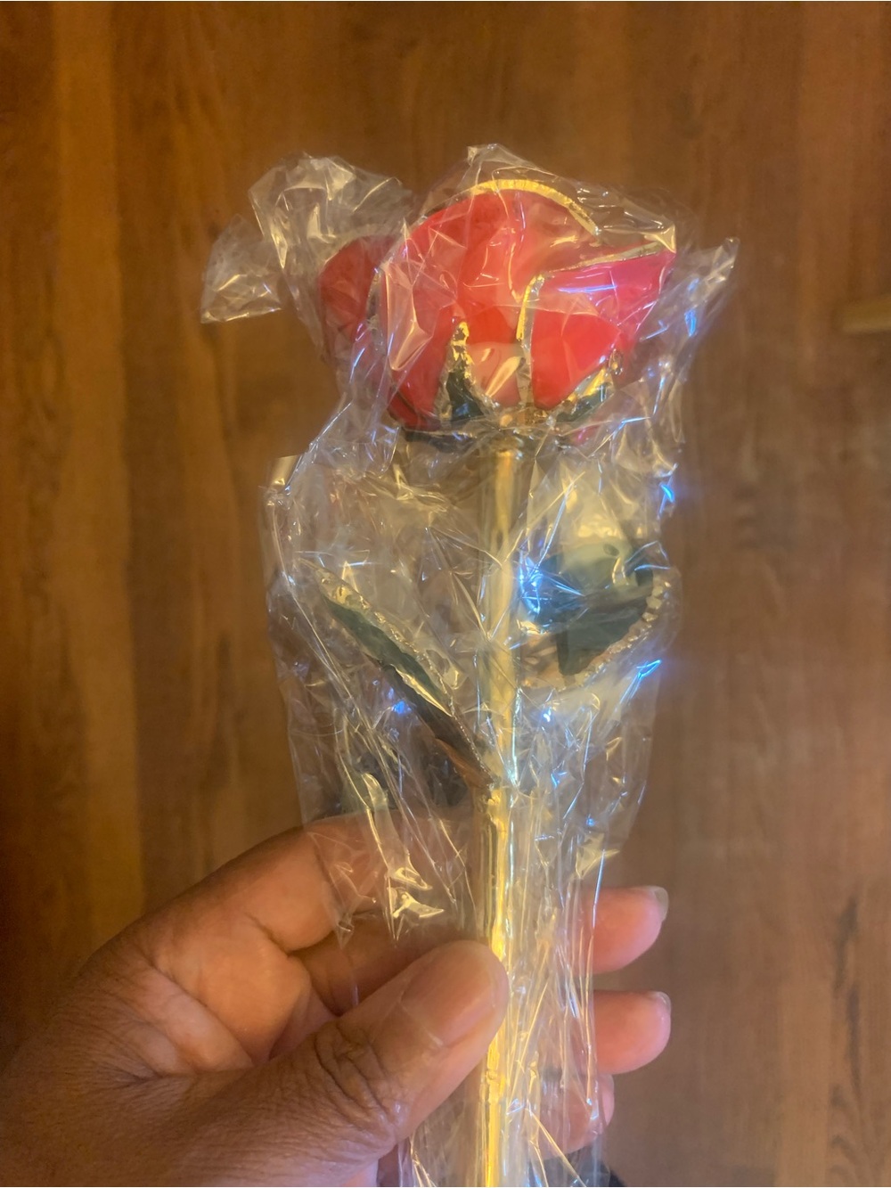 Gold Stem Red Rose Decorative Accent